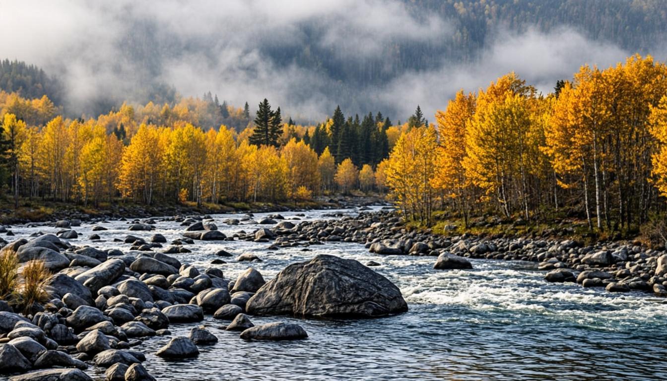 Река в Лапландии осенью, золотые берёзы